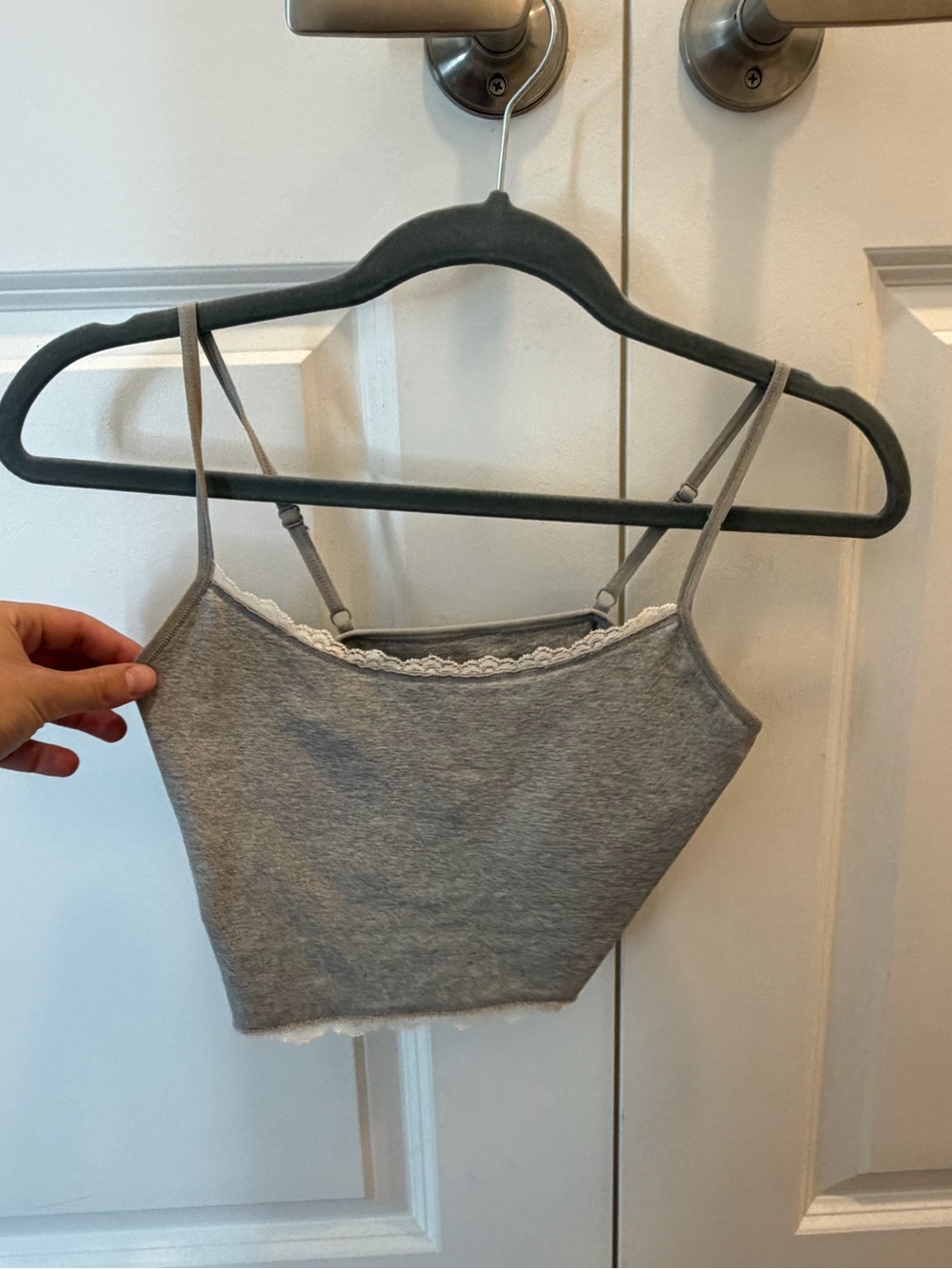 Gray Lace-Trim Spaghetti Strap Crop Tank Top